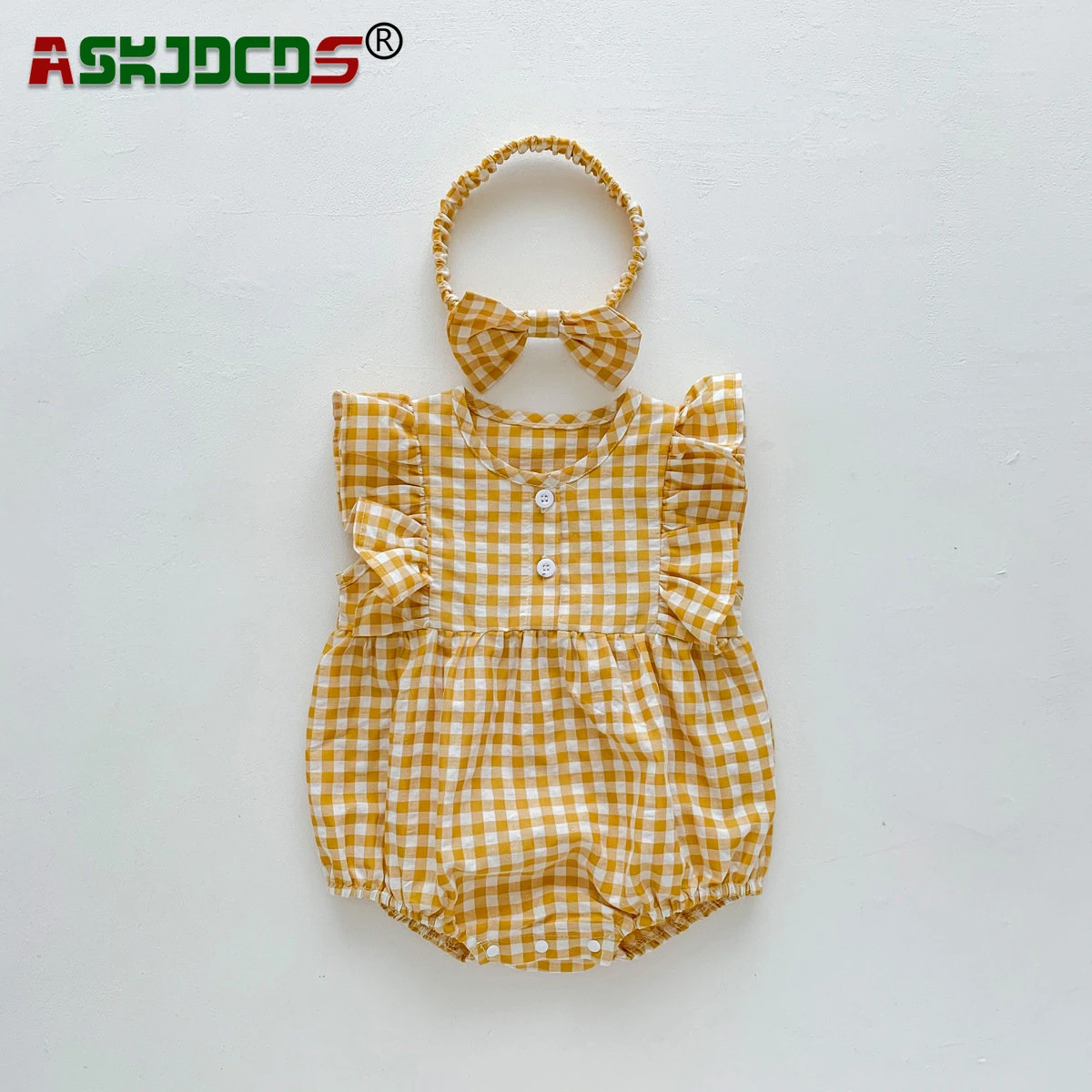 

2024 Baby Casual Clothing Summer Infant Flying Sleeve Romper Girl Korean Thin Contrast Plaid Bodysuit Gift Headband Creeper Kids