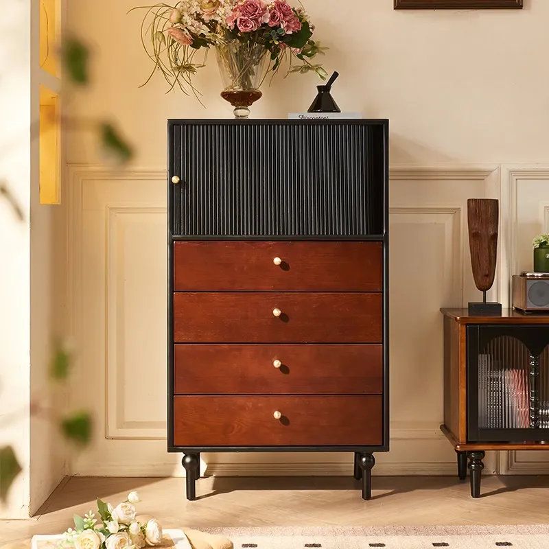 for French Solid Wood Chest Black American Living Room Rolling Shutter Cabinet Door Locker Antique Furniture Bedside Storage
