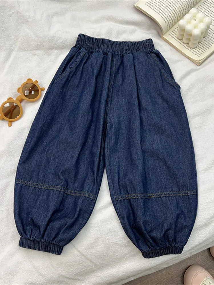 Calças de Verão em Jeans para Crianças, Calças Lanternas Largas e Finas, Calças Casuais Confortáveis e Respiráveis em Algodão para Meninos e Meninas