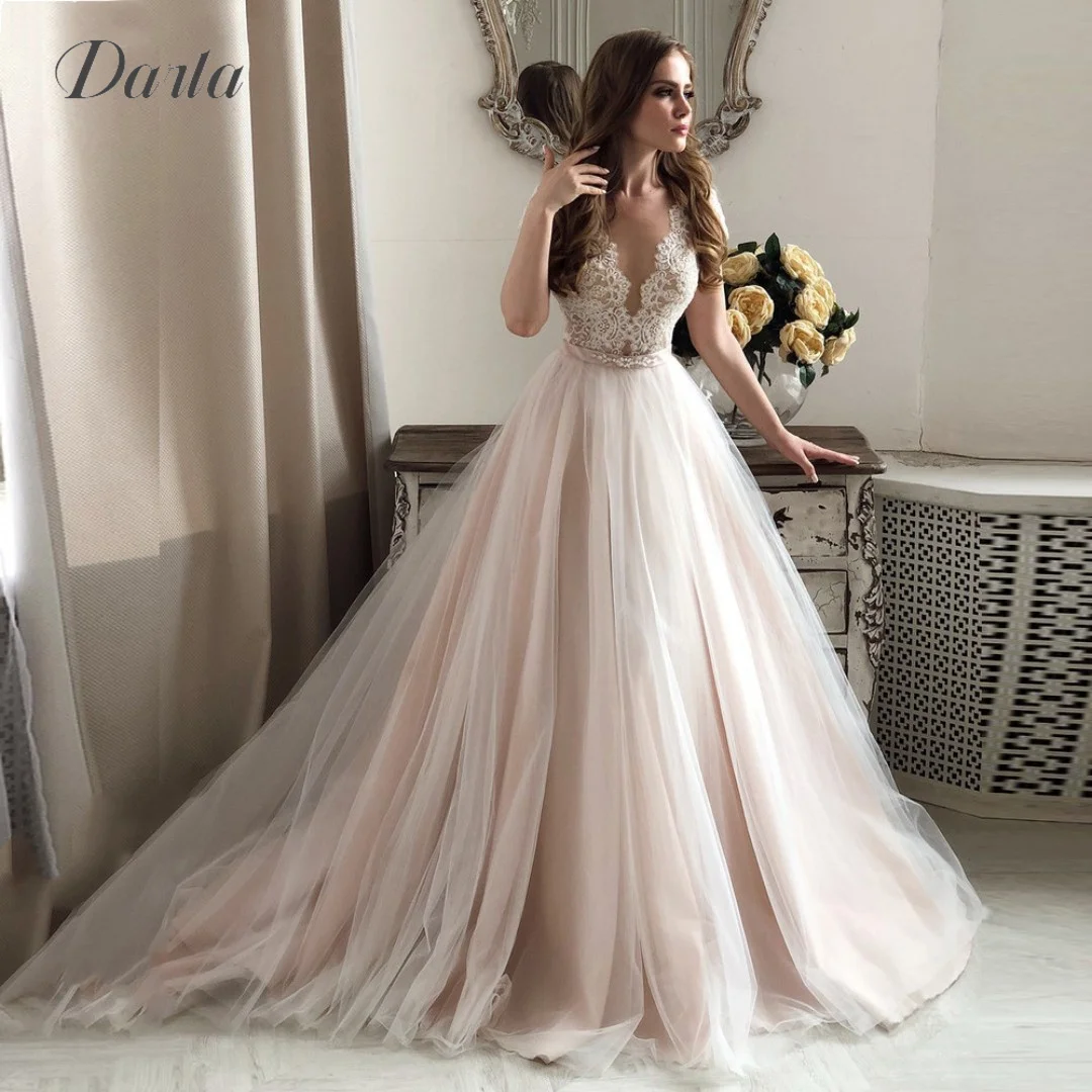 Elegante vestido de casamento de tule com forro rosa, vestido nupcial com decote em v, manga, cinto de linha, botão bordado, personalizado, 2024