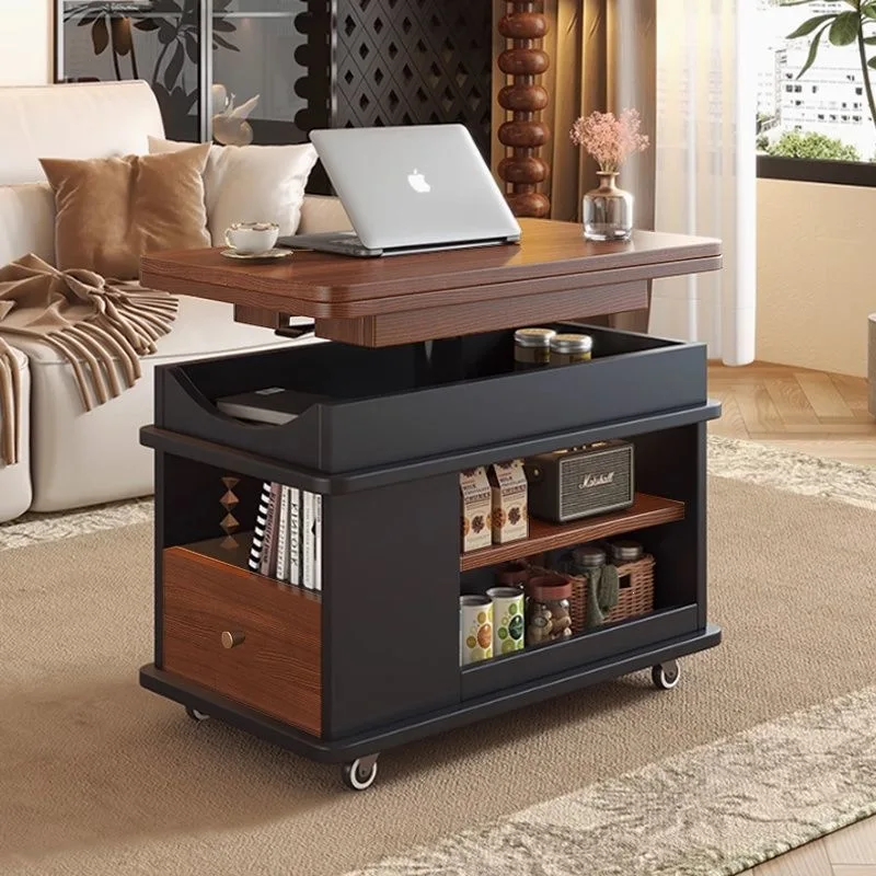 Movable Adjustable Height Compact Multifunction Sofa Side Table Swivel Wheels Coffee Table for Living Room Furniture Tea Table