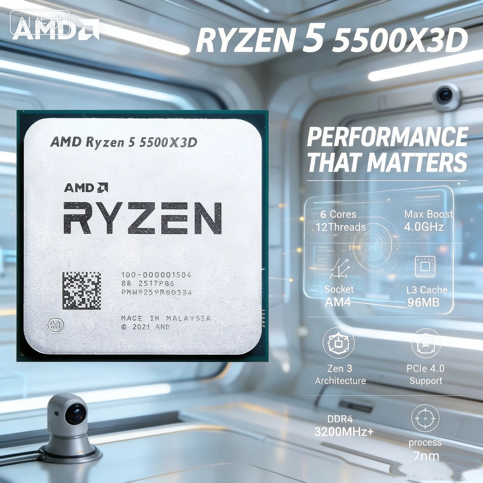 AMD Ryzen 5 5500X3D Gaming Processor for Budget PC Build 3D V-Cache 96MB L3 6 Core 12 Thread Socket AM4 DDR4 Desktop CPU 1080P