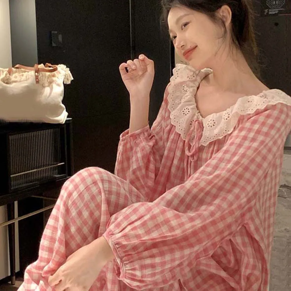 

Милые клетчатые кружевные пижамы с длинными рукавами, свободные корейские пижамы, женские повседневные удобные пижамы, домашний костюм