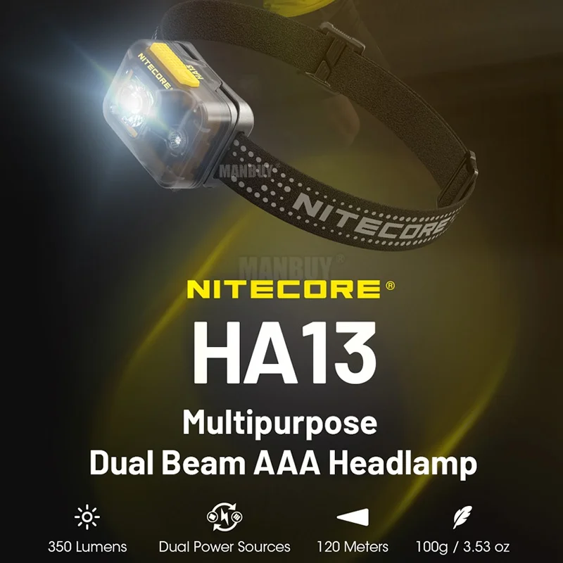 NITECORE HA13 Multipurpose Dual Beam Headlamp with HLB1300 Rechareable Lion Battery Outdoor Camping Hiking Trekking Training Run