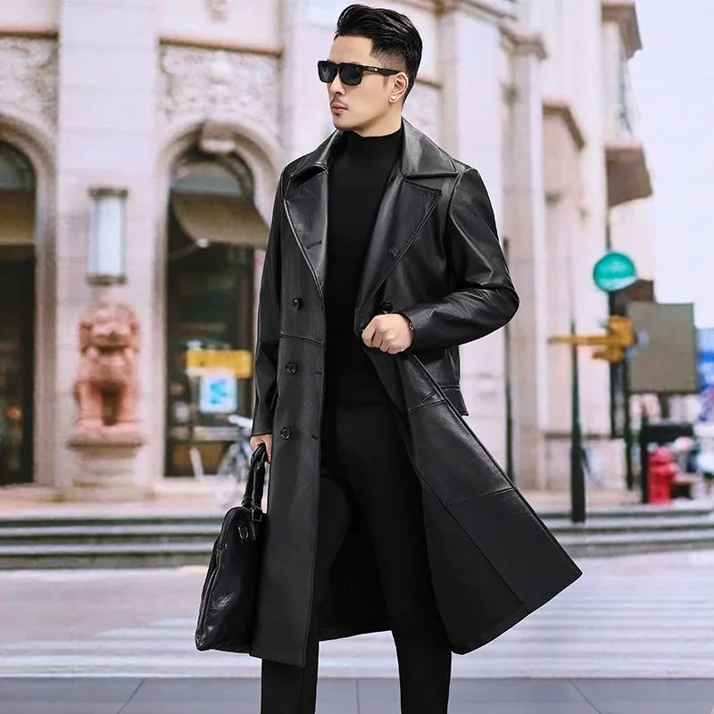 

Men's Long Trench Coat, Top Grain Cowhide Jacket, Genuine Leather Fashion Business Casual Men's Outerwear