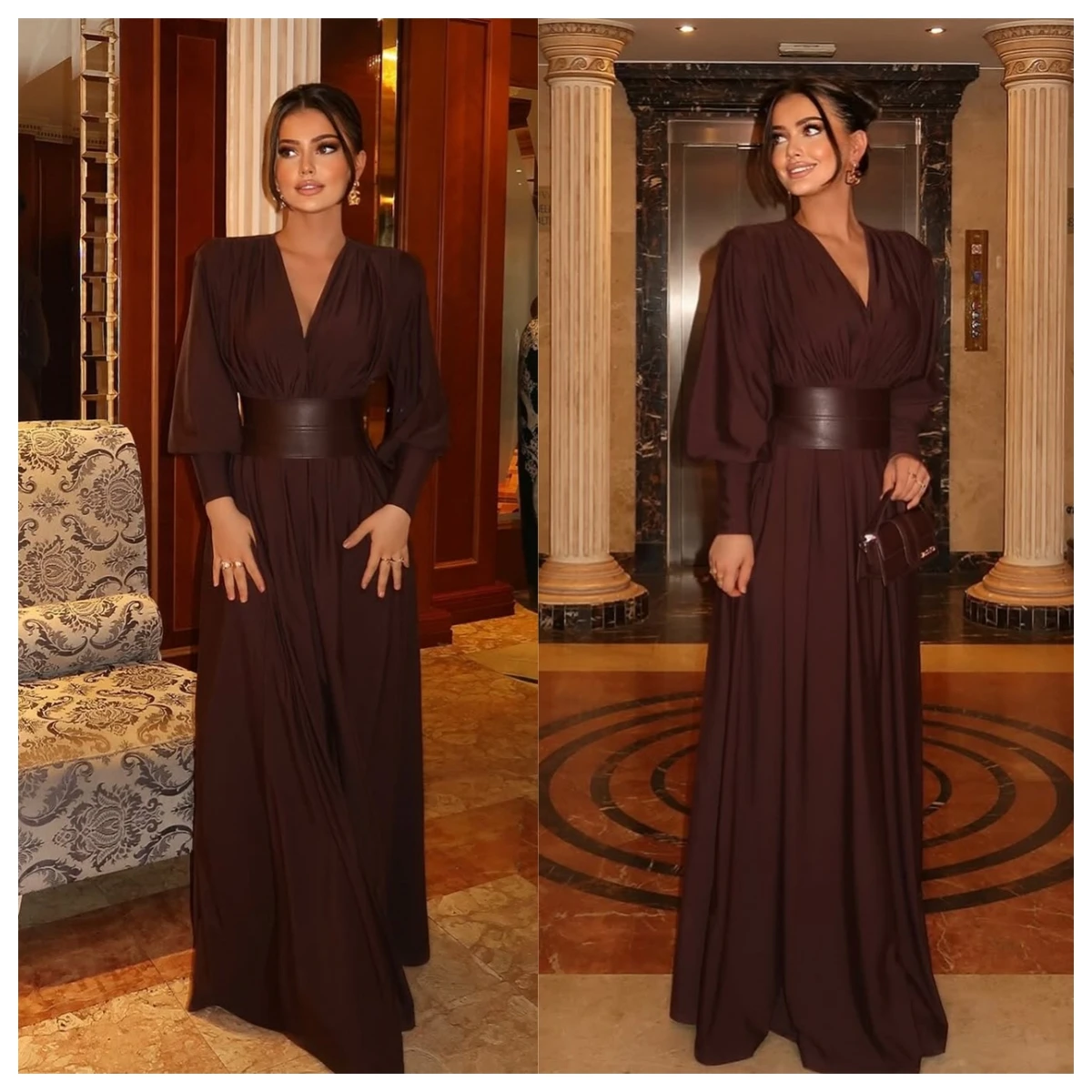 

Customized Temperament Russet Chiffon Evening Dress V-Neck Long Sleeves Special Occasion Gowns Modern Vestido De Festa