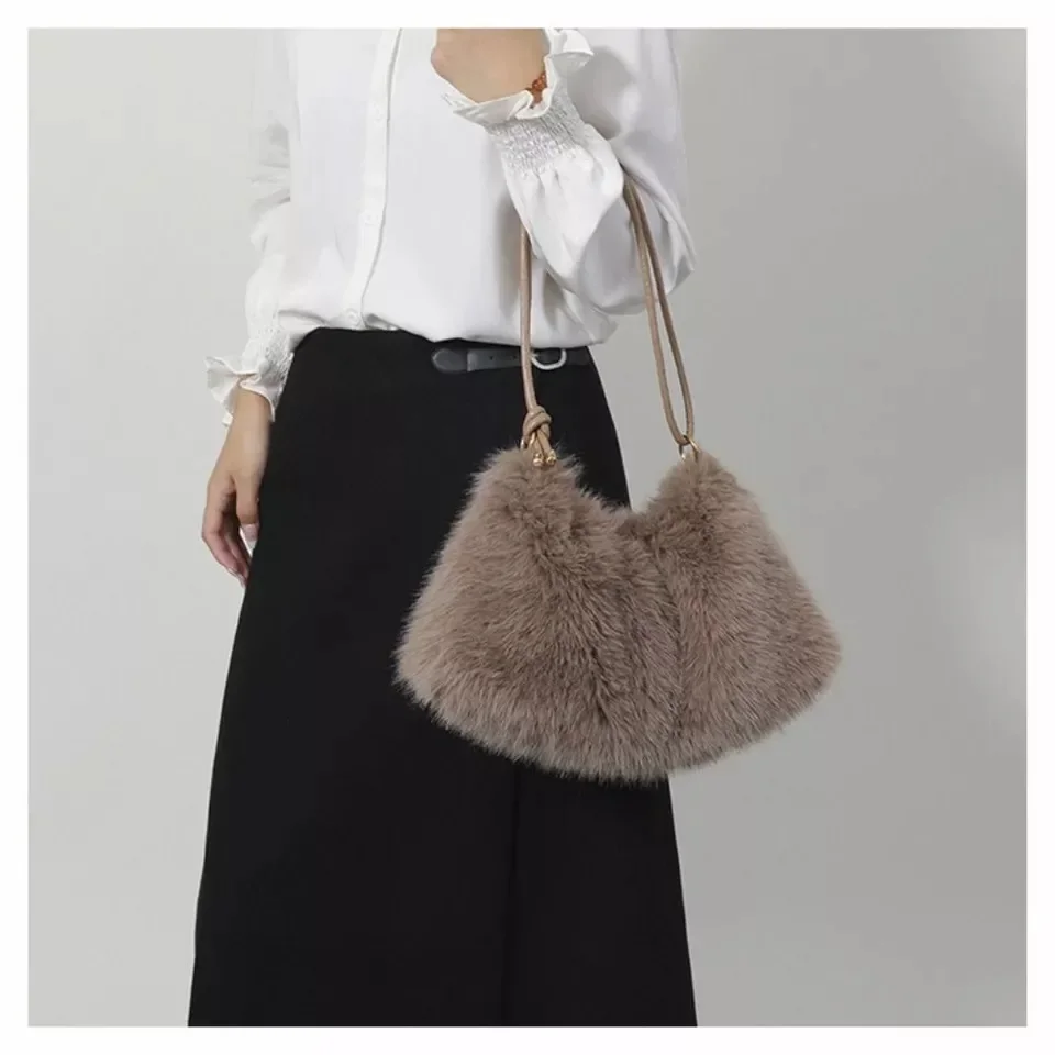 Bolso de mano de otoño e invierno para mujer, moda de piel sintética, cien con bolso de felpa, bolso de hombro con cremallera de gran capacidad de Color sólido