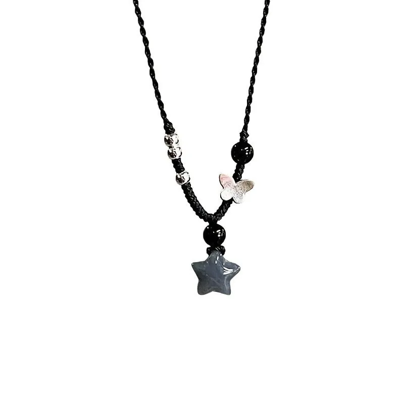 Vintage Black Rope Butterfly Beaded Chain Short Necklace Korean Acrylic Star Pendant Necklace Women Casual Fashion Party Jewelry