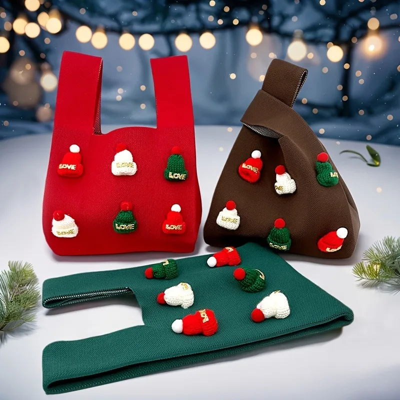 3 estilos de bolsos de punto de la serie navideña y de Año Nuevo a la moda, bolsos de compras versátiles para ir al trabajo, regalos hechos a mano, bolsas de dulces