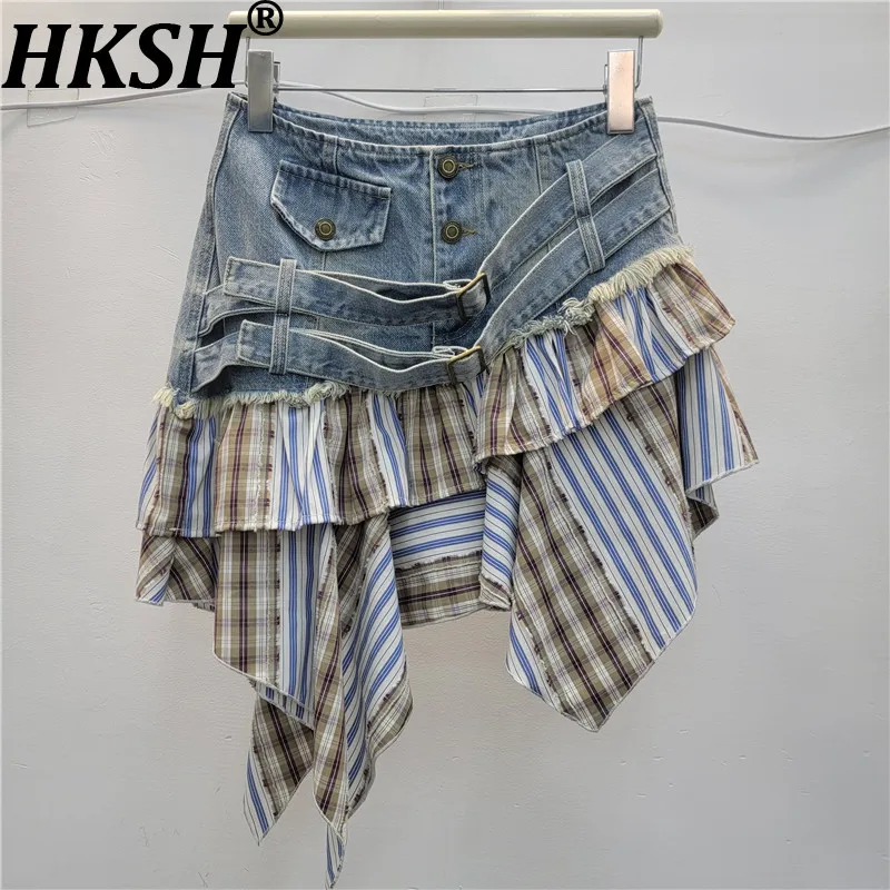 

Женская шикарная короткая юбка HKSH, асимметричная, из денима, с лоскутным узором, в полоску и клетку, А-силуэт, стройнящая, в стиле ретро, новая летняя модель HK20352