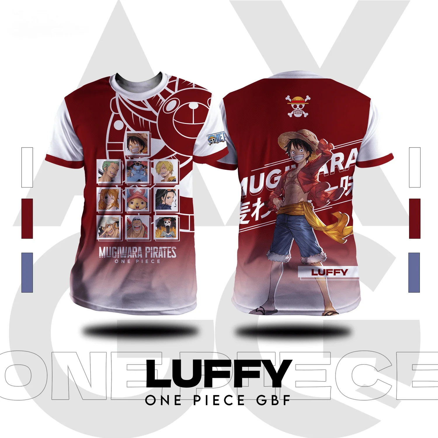 One Piece Themed Luffy T-shirt Featuring Portraits of Luffy Zoro Nami and Other Main Members of The Straw Hat Pirates