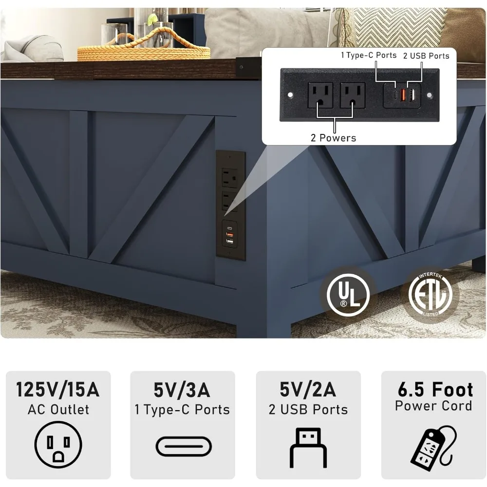 Rustic Storage Coffee Table with Lift Top, Wood Square Living Room Table featuring Charging Station and USB Port