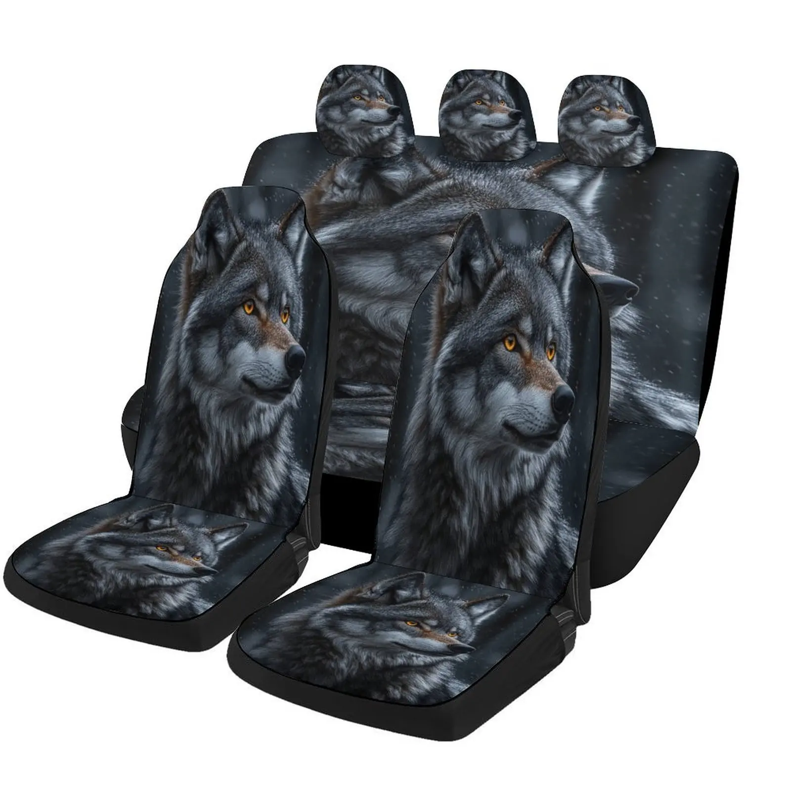 Wolf Pattern Car Seat Cover Set - Full Set For 2 Front & Rear Seats, Fit For Most Cars, All-Season Protection, Durable Polyester