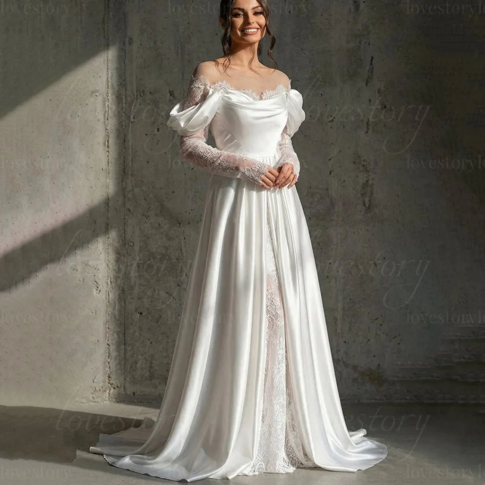

Customized Elegant A-Line Lace Wedding Dresses Off Shoulder Long Sleeve Bride Robe Bridal Gowns Vestidos De Noiva