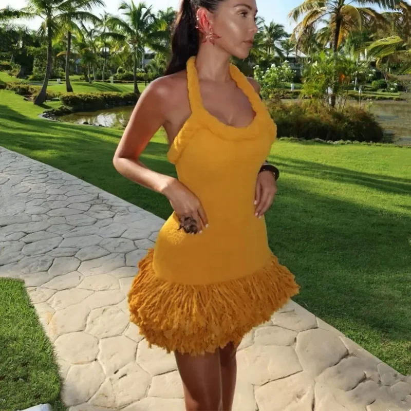 New Design Women Dress Hand Made woven Fried Dough Twists rope shoulder strap Slim Bodycon fluffy Tassel Hem Mini Dress