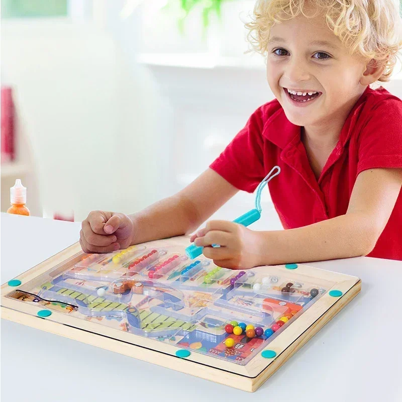 Hot Montessori Magnetic Color Sorting Game Maze Board Pen Moving Bead Games Wooden Control Sensory Play Educational Toy for Kids