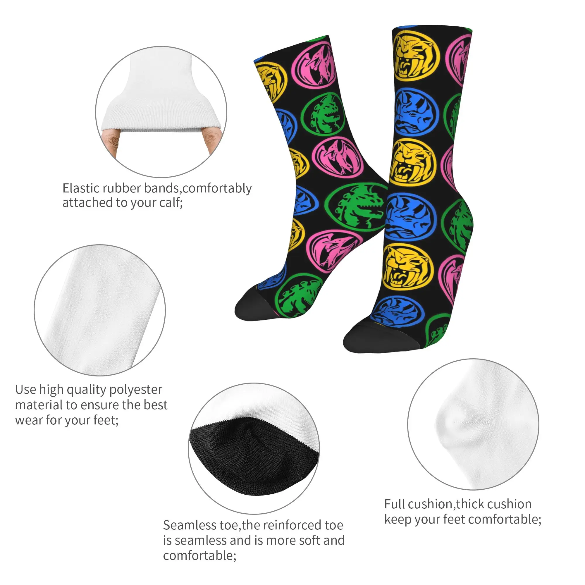 Six Powers Rangerr Coins Socks Men's Women's Polyester Casual  Socks Novelty Spring Summer Autumn Winter Middle Tube Socks Gifts