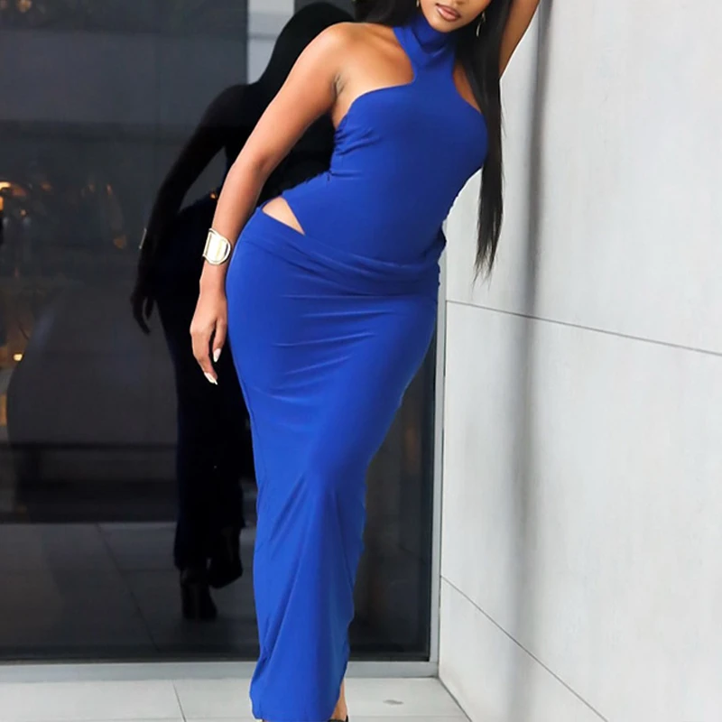 OMSJ 섹시한 솔리드 컬러 민소매 컷아웃 불규칙한 홀터넥 하이 칼라 오프 숄더 맥시 드레스 여성 패션 클럽 스트리트 의류