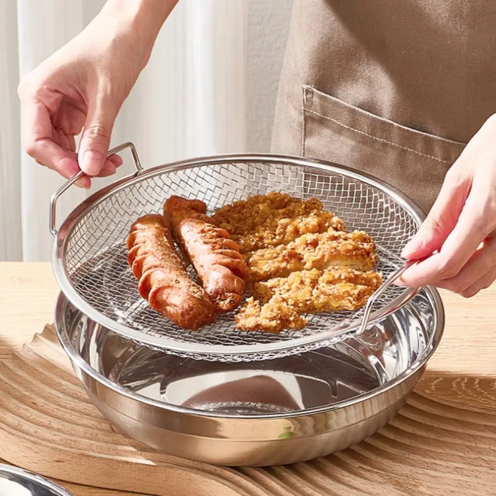 Cesto de Drenagem Redondo de Aço Inoxidável com Malha para Fritadeira a Ar, com Alça, à Prova de Ferrugem, para Drenar Alimentos Fritos e Lanches