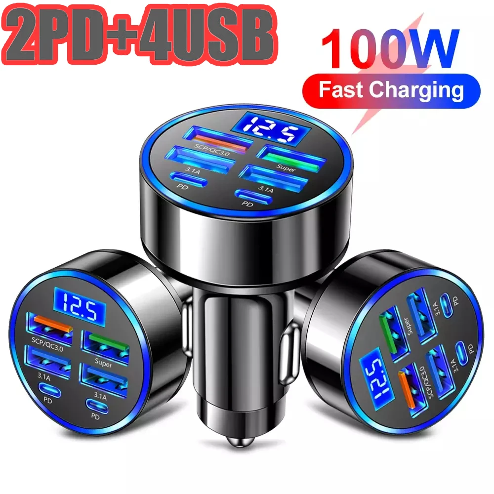 6 Ports 100W Car Charger Fast Charging PD QC3.0 USB C Car Phone Charger Type C Adapter in Car For iPhone Samsung Huawei Xiaomi