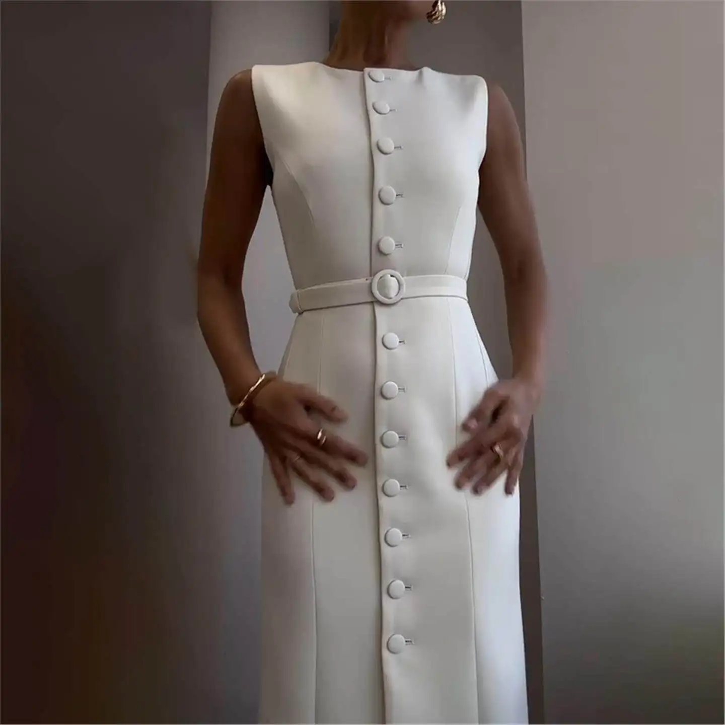 

Elegant High Waist Belted Slimming Commute Dress Summer 2025 Cross-Border Style A-Line Skirt round Neckline Three-acetate Fiber