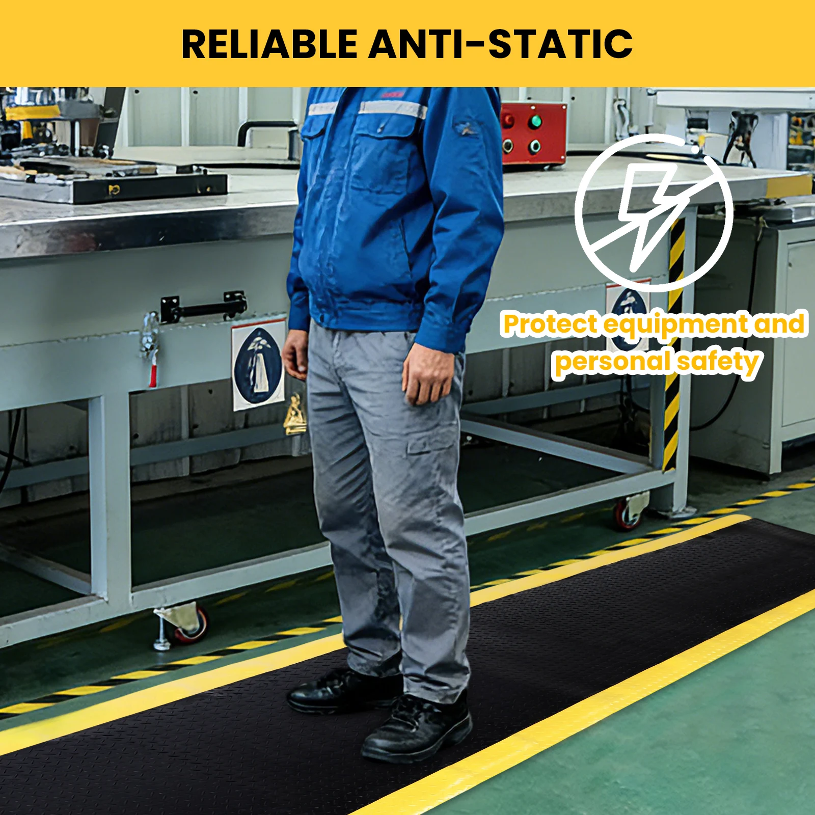 

144x36inch Anti-Fatigue Conductive Mat W/ Safety Yellow Border Industrial Ergonomic Comfort Standing Mat for Garage Warehouses