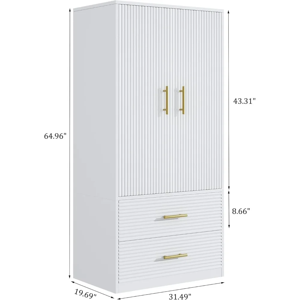 Armoire Wardrobe Closet with 2 Wave Doors, Storage Closet Cabinet with 2 Drawers, Hanging Rod, Freestanding Wooden Closet