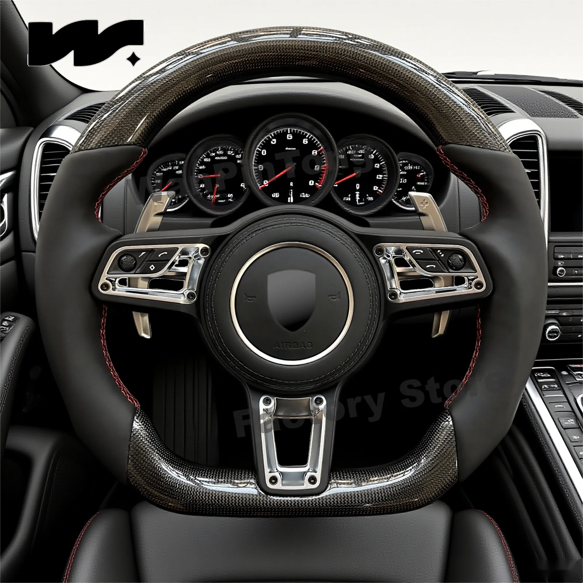 

Customized for Porsche, black leather, carbon fiber sports style steering wheel, Cayenne Macan Boxster Cayman Taycan Panamera