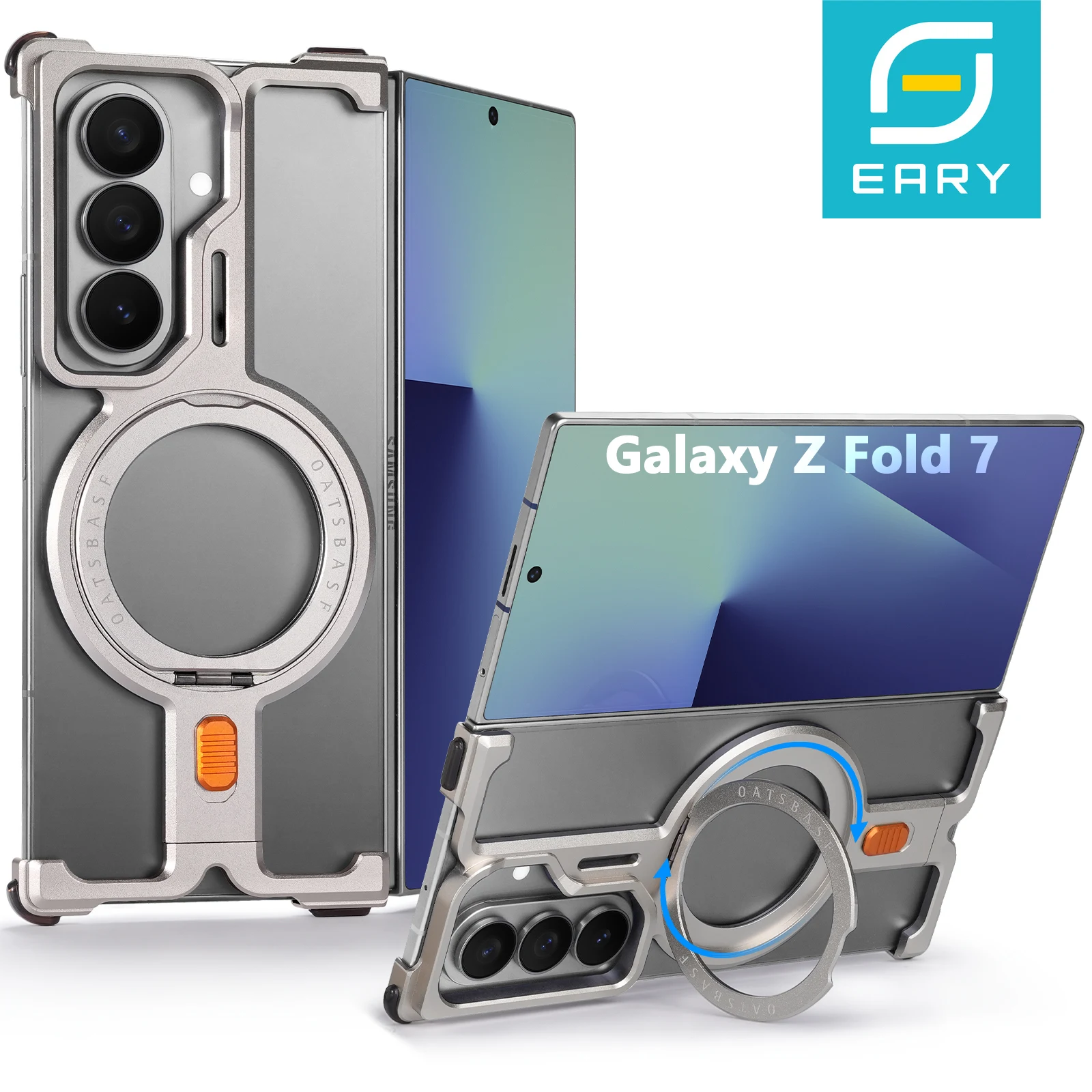 

Алюминиевый безрамный чехол Eary для Samsung Galaxy Z Fold 7 с 360° ° Поворотная магнитная подставка, совместимая с беспроводной зарядкой Magsafe