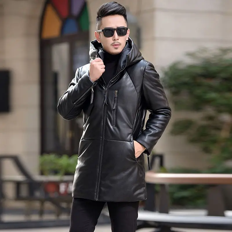 Sheepskin Down Jacket Men Mid Length Korean Slim Fitting Hooded Windbreaker Male Luxury Brand Puffer Jacket Man Winter Down Coat