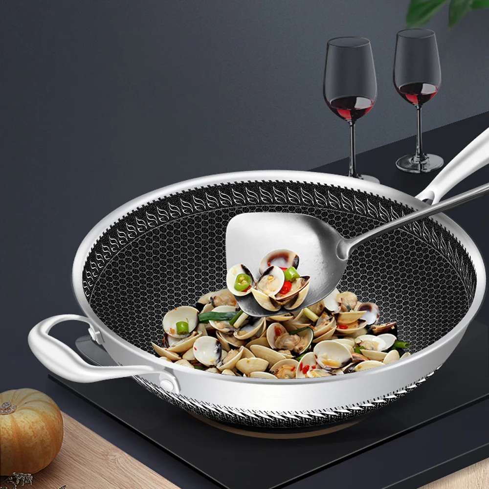 

Stainless Steel Non Stick Double Sided Screen Honeycomb Wok Kitchen Frying Pan Cooking Frying Pan+Glass Lid Kit