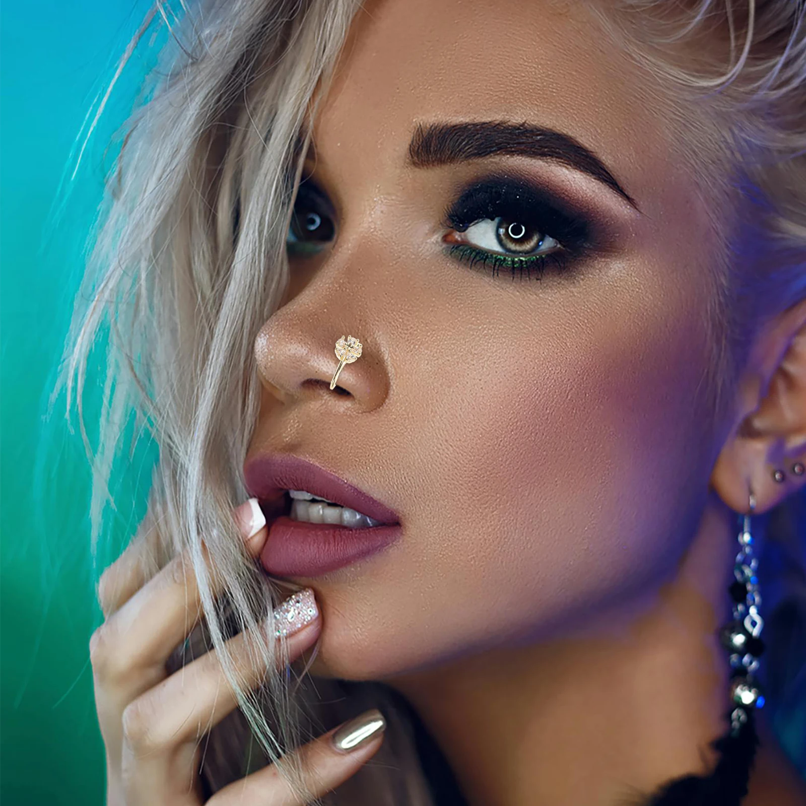 

6Pcs U-Shaped Non Piercing Nose Clips Adjustable Clip on Fake Nose Rings for Women Men Leaf Flower Eye Designs