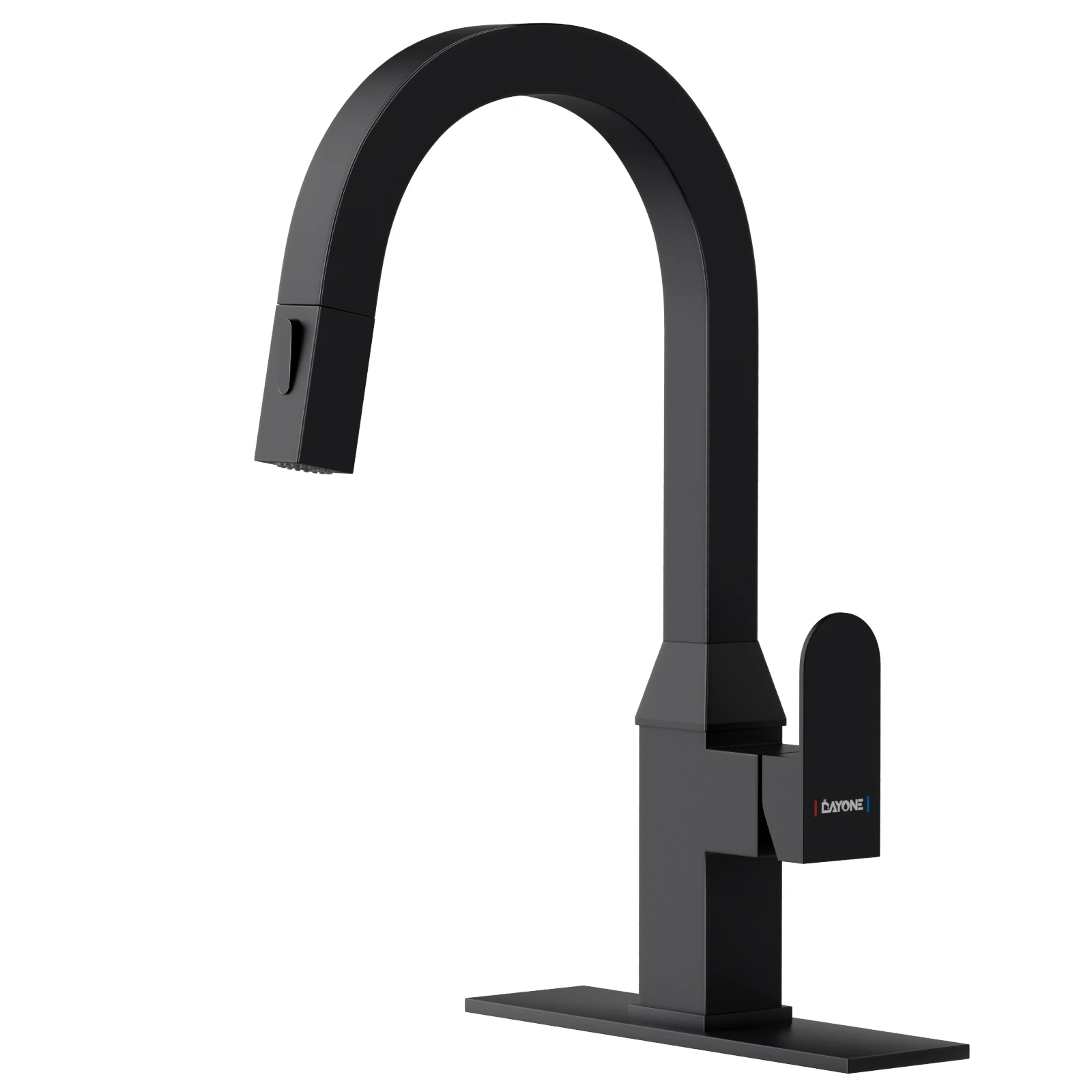 DAYONE Black Square Kitchen Faucet – Modern Pull-Down Sprayer with 2-Mode Kitchen Sink Faucet, 360° Swivel Fits Bar/RV Sinks, SUS 304 Stainless Steel with Square Deck Plate