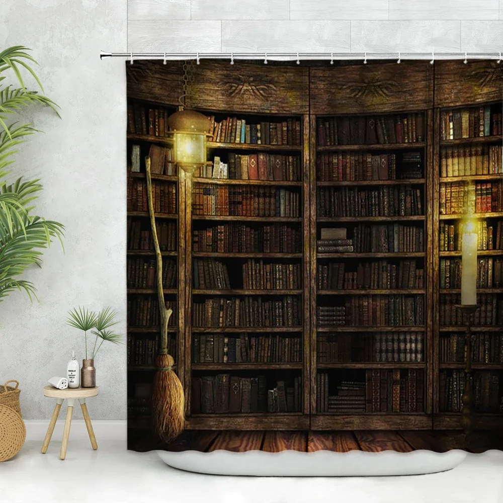 Vintage Bookshelf Shower Curtain Art Painting Bathroom Curtain Aesthetic Home Decor Curtain Set Bathroom Accessories With Hooks