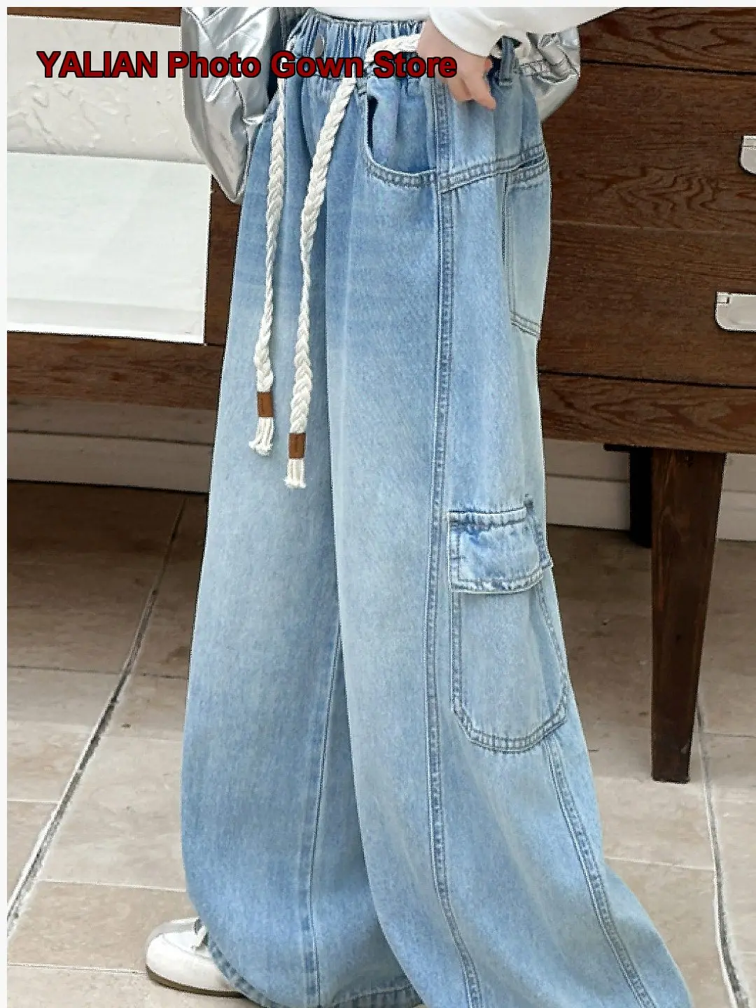 Girls Denim Wide Leg Pants Kids Spring Summer Thin Loose Fit Cargo Pants Students Casual Older Kids