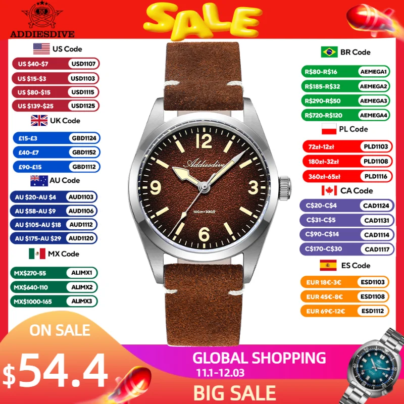 ADDIESDIVE New Men Watch Sapphire Mirror 36mm Quartz Wristwatch Top Brand 316L Stainless Steel 100m Waterproof C3 Luminous Watch