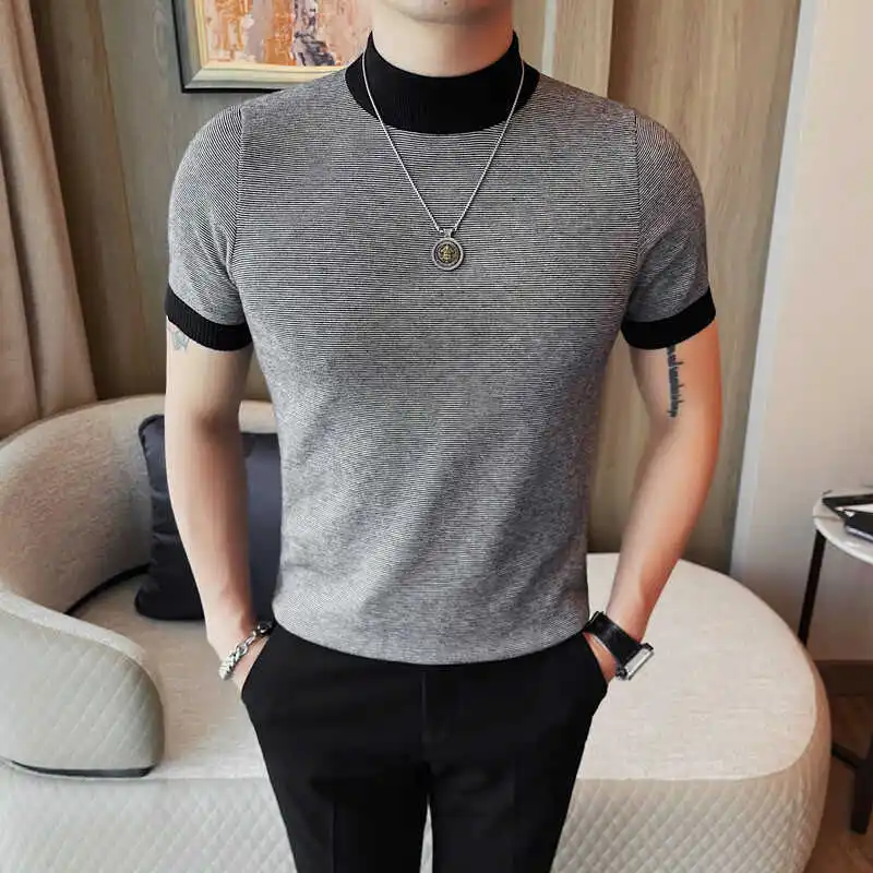 Half High Neck Short Sleeved Knitted Shirt for Men's Autumn Korean Version Casual Business T-shirts Fashion Slim Fit Base Shirt