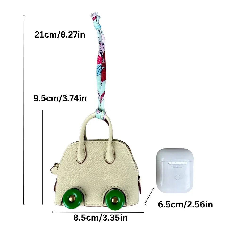 Mini-Taschenanhänger aus Leder mit niedlichen Rädern – Kopfhörer- und Lippenstiftbeutel mit zwei Riemen – PU-Leder – ideal für Taschenzubehör – Detail 6