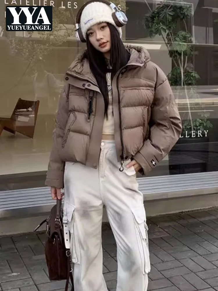 Autumn Winter Womens Puffer Jacket Short Hooded Down Coat Zippers Workwear Thick Warm Outerwear Loose Fit Fashion Solid Coats