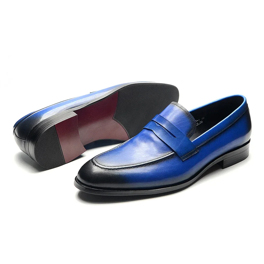 Luxury Brand Slip-On Men\'s Dress Shoes Genuine Leather Italian Penny Loafers Brown Blue Black Wedding Party Formal Footwear Male