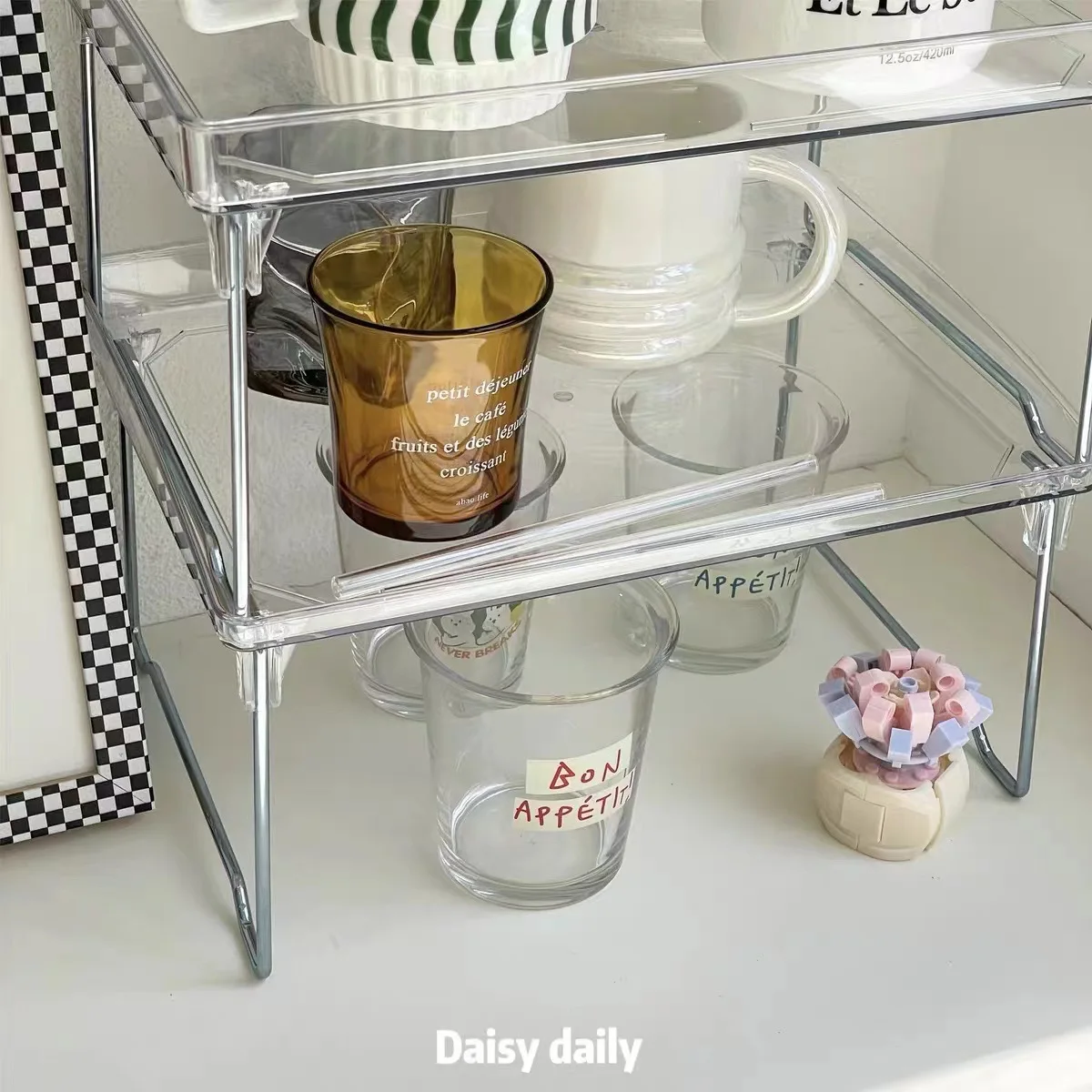 Nordic Acrylic Transparent Folding Storage Rack Desktop Cosmetics Organizer Table Kitchen Cabinet Organizer Cups Stackable Shelf