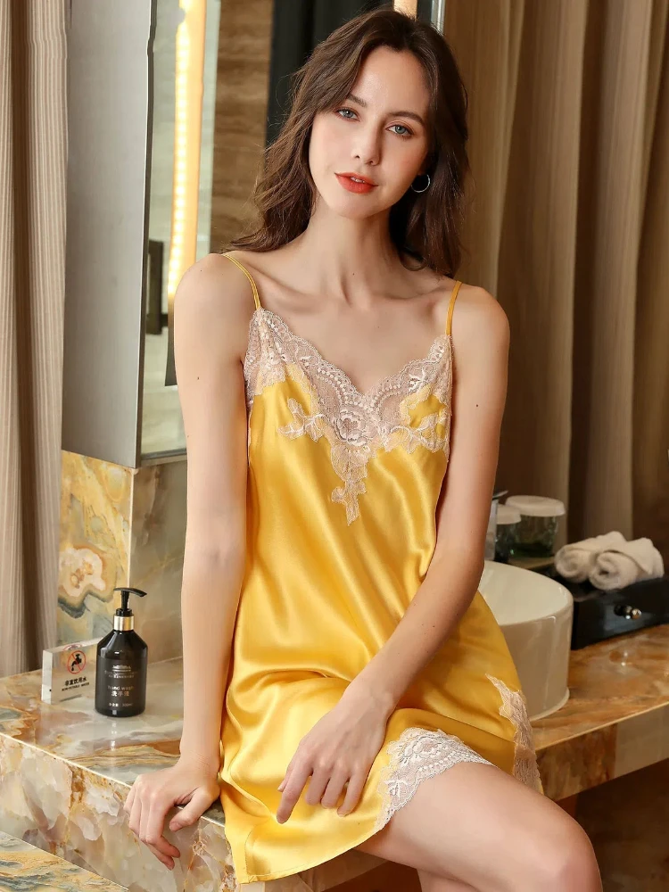 Summer Sexy Lace Trim 100% Mulberry Silk Side Split Slip Nightdress Sleeveless Heavy Silk Sleep Dress Women's Sleepwear Dresses