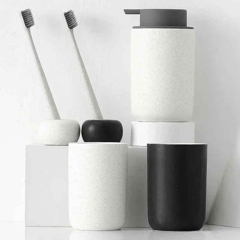 Bathroom Accessories, Black and White Porcelain Lotion Bottle, Soap Dispenser, Mouthwash Cup, Toothbrush Holder, Soap Holder