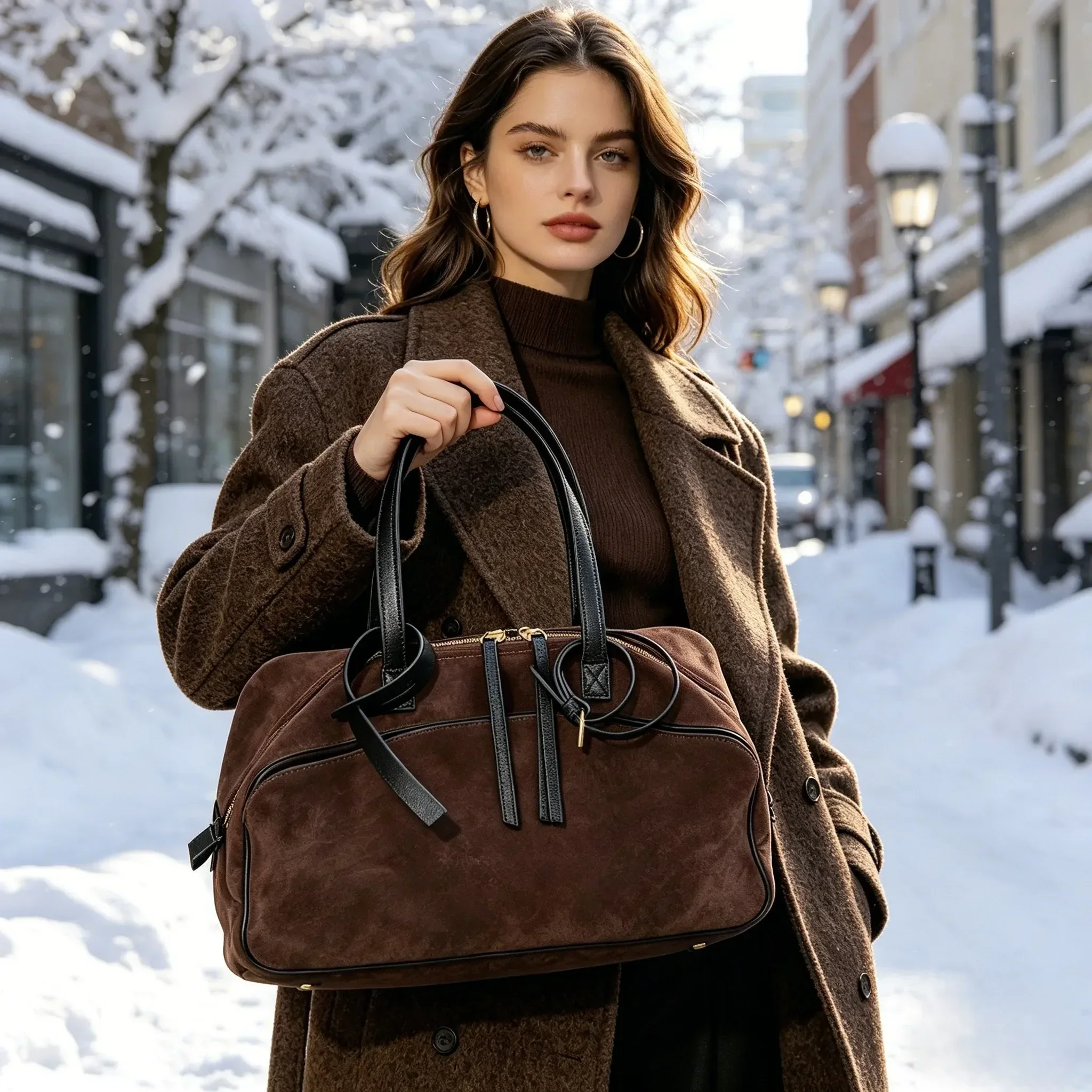Women Vintage Suede Shoulder Bag Large Capacity Retro Hobo Tote Handbag Autumn Winter Casual Commuter Solid Color Ladies Purse