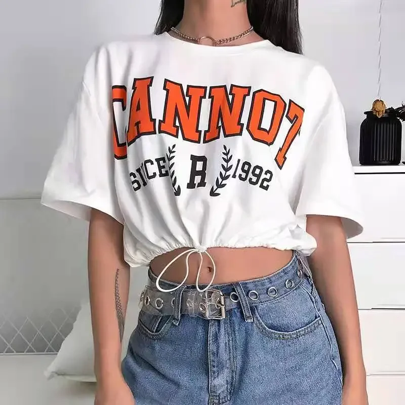 Preppy Style Letter Printed Crop Tops Women Summer Y2k Drawstring Street Fashion Short Sleeve T-shirts 2024 Indie Casual Tops