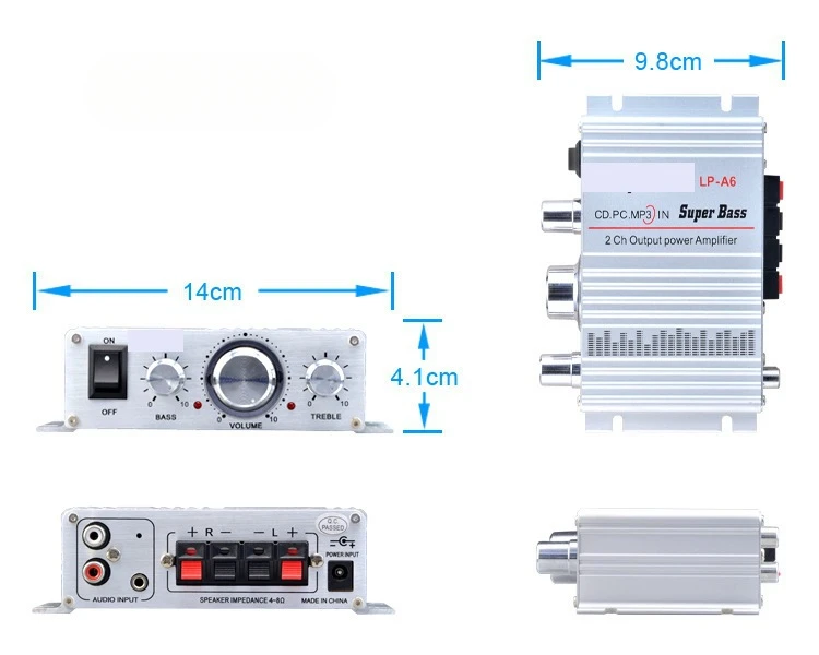 LP- A6 Lepy Mini Amplifier 2.0 Channel Hi-Fi Stereo Audio Car Home Output Power Amplifier for Mobile Phone