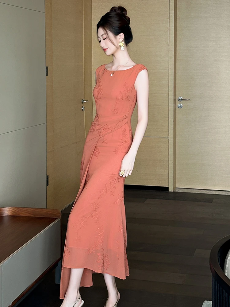 Summer Casual Chiffon Embroidery O-Neck Asymmetrical Long Dress Women Clothes Elegant Orange Sleeveless Slim Robe Party Vestidos
