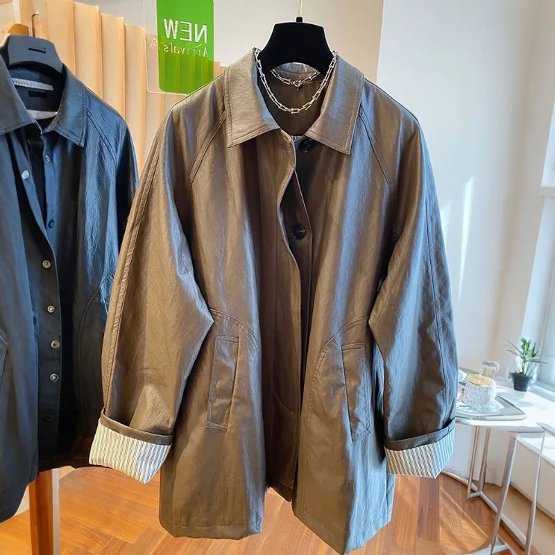 Otoño Invierno abrigo de cuero medio largo mujer 2025 nueva moda chaqueta Casual suelta Color puro prendas de vestir exteriores Mujer