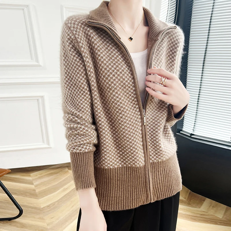 Women Cashmere Mock Collar Cardigan 100% Merino Wool Sweater  Autumn/Winter Thickening Color Block Tops Zipper Knitted Jacket