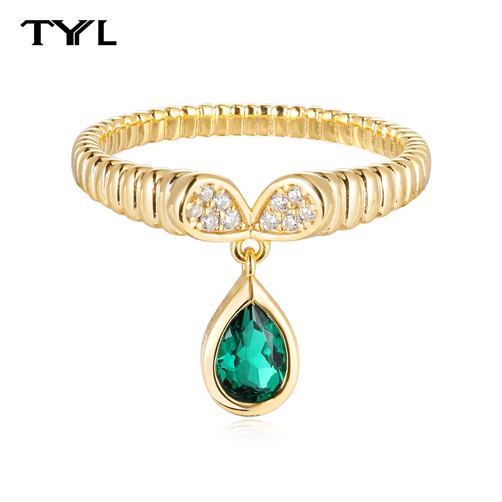 TYYL Pear Cut Lab Grown Emerald Pendant Rings 925 Sterling Silver 18k Gold Plated Droplet Engagement Moissanite Band Jewelry